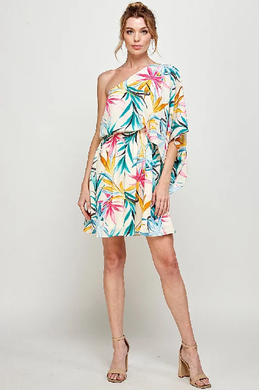 Women's Bell-Sleeve DressesShort One Shoulder Tropical Print Dress