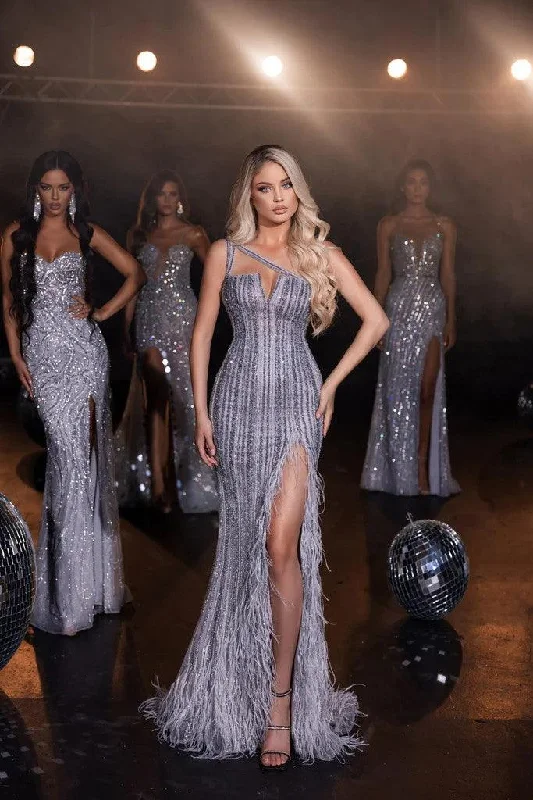 Women's Maxi DressesPortia and Scarlett PS23965 Long One Shoulder Feathered Prom Gown Women's Maxi DressesPortia and Scarlett PS23965 Long One Shoulder Feathered Prom Gown