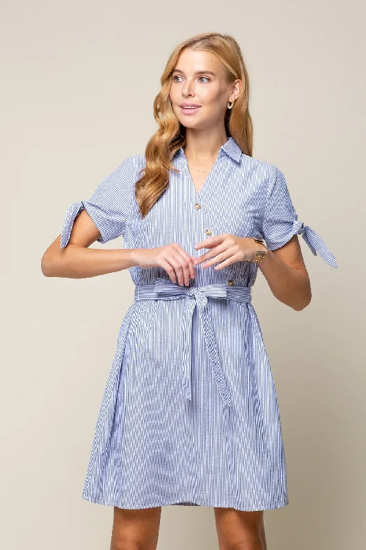 Women's Collarless DressesShort Sleeve Tie Stripe Shirt Dress