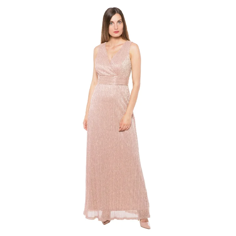 Women's Shawl Collar DressesMarina  Long Pleated Metallic Waist Shirring Dress