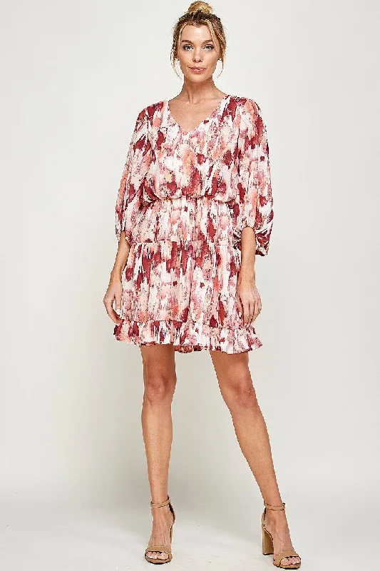 Women's U-Shaped-Neck DressesShort 3/4 Sleeve V Neck Printed Dress