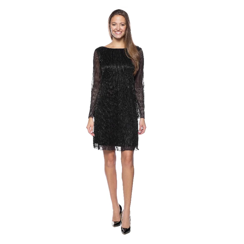 Women's Boat-Neck DressesMarina  Short Metallic Long Sleeve A Line Dress