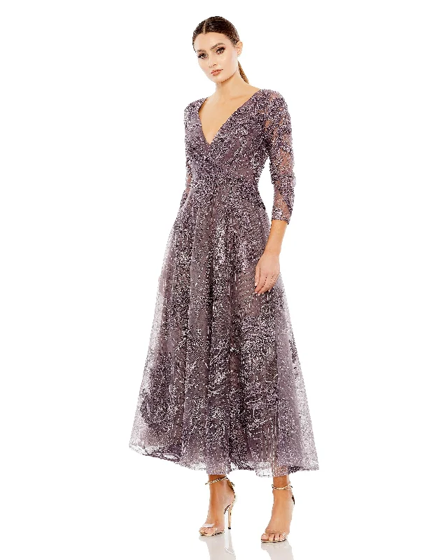 Women's Keyhole-Neck DressesMac Duggal 20336 Formal Long Sleeve Tea Length Dress Sale