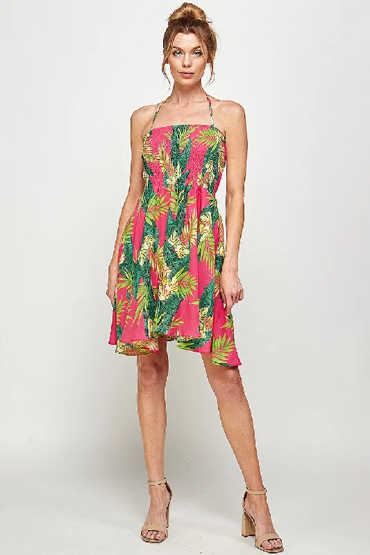 Women's Keyhole-Back DressesShort Halter Neck Tropical Print Dress
