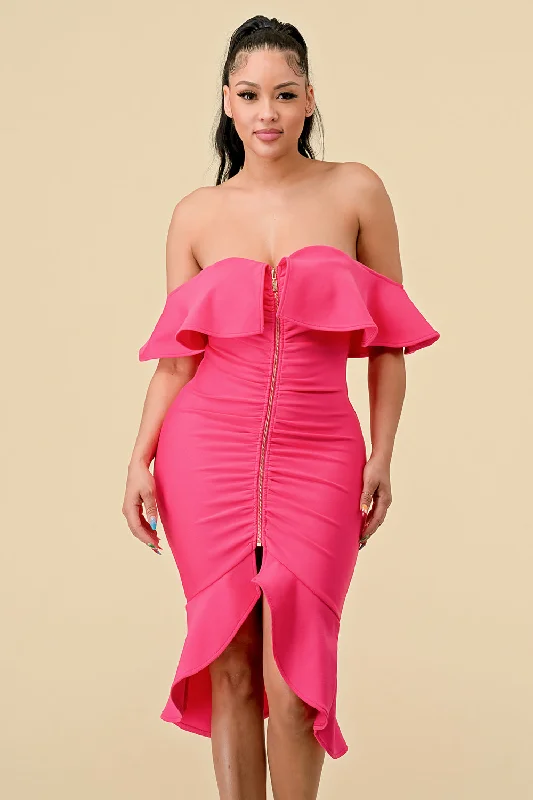 Women's Shirt Collar DressesHigh Low Ruffle Off Shoulder Dress