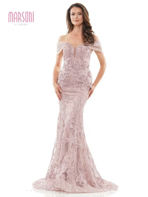 Women's Square Collar DressesMarsoni MV1256 Long Off Shoulder Formal Lace Dress