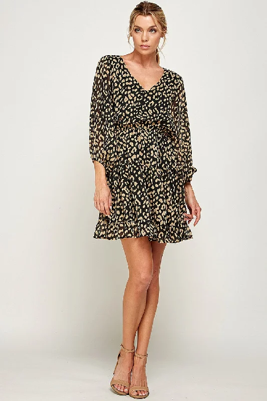 Women's Notched Collar DressesShort Leopard Print Ruffled Dress