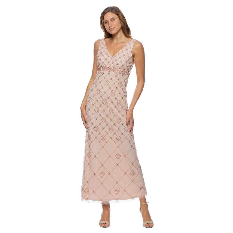 Women's Square Collar DressesMarina  Long Beaded Sleeveless V Neck Dress