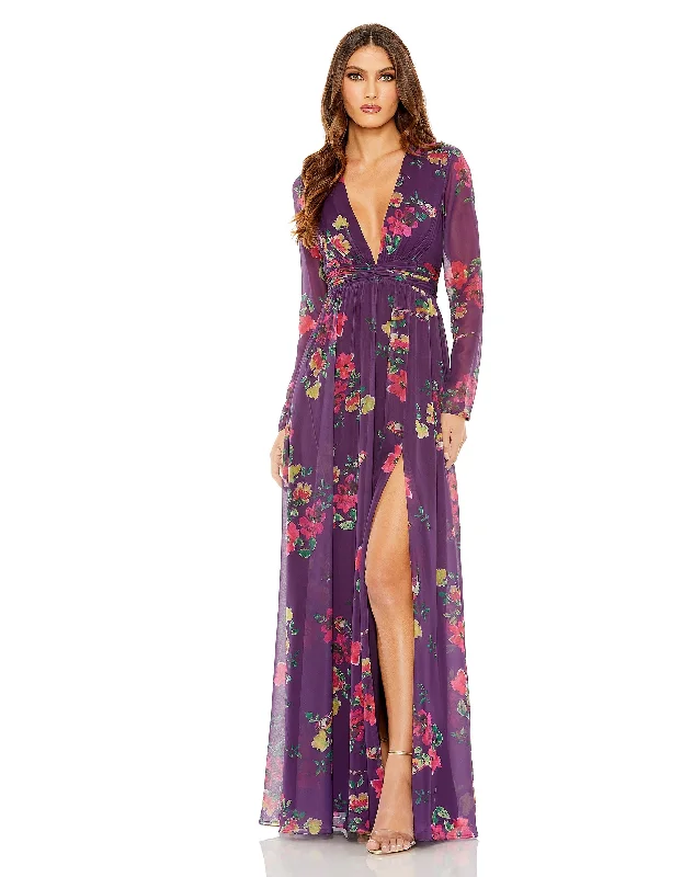 Women's Halter DressesMac Duggal 68558 Printed Long Sleeve Formal Dress