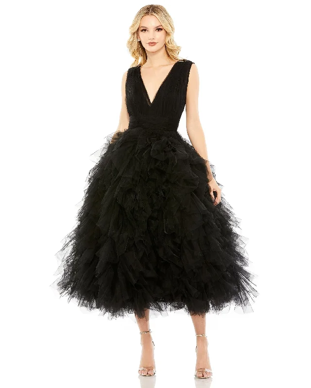 Women's V-Shaped-Neck DressesMac Duggal A20411 Prom Formal A Line Tea Length Gown