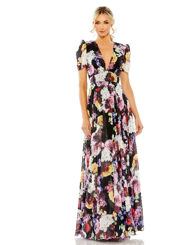 Women's Notched Collar DressesMac Duggal 55933 Long Floral Formal Prom Dress