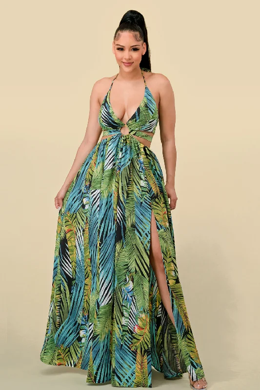 Women's Cut-Out DressesLong Halter Tropical Print Slit Dress