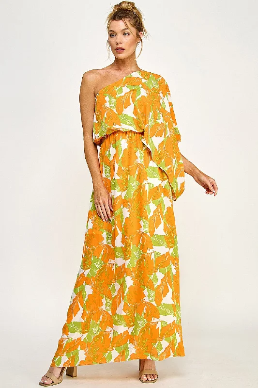 Women's Narrow Collar DressesLong Floral One Shoulder Dress