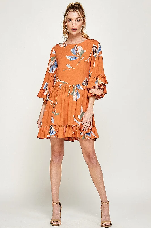 Women's Square-Neck DressesShort Printed Ruffled Dress