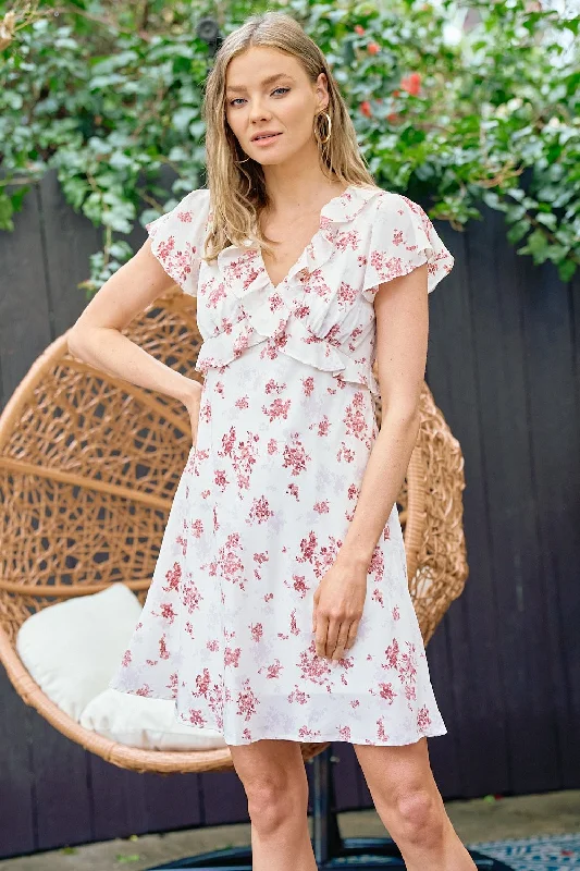 Women's Boat Collar DressesShort Floral Ruffle Dress