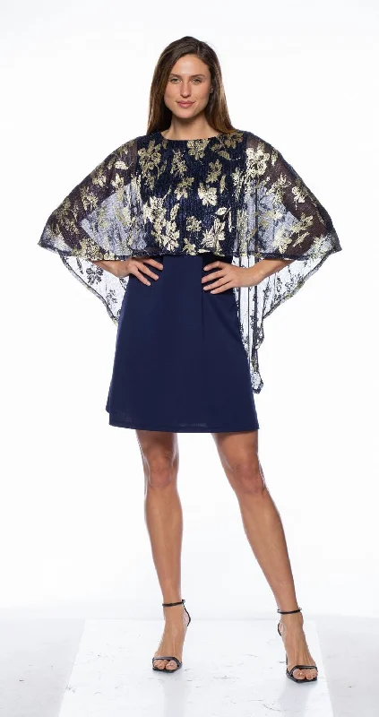 Women's Notched Collar DressesMarina  Short Metallic Print Cape Dress