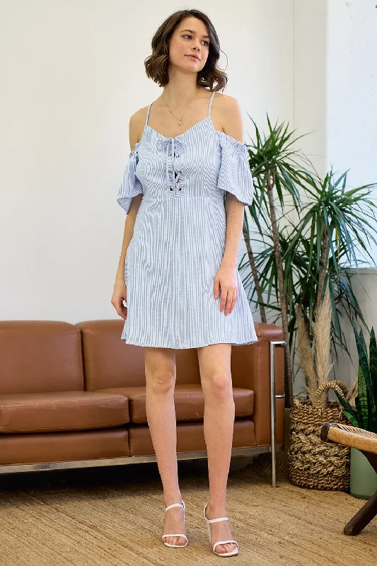 Women's Keyhole-Back DressesShort Off Shoulder Lace Up Striped Dress