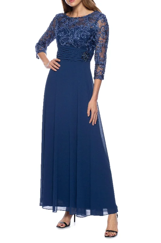 Women's Lapel Collar DressesMarina  Long Embellished Bodice Pleated Waist Dress