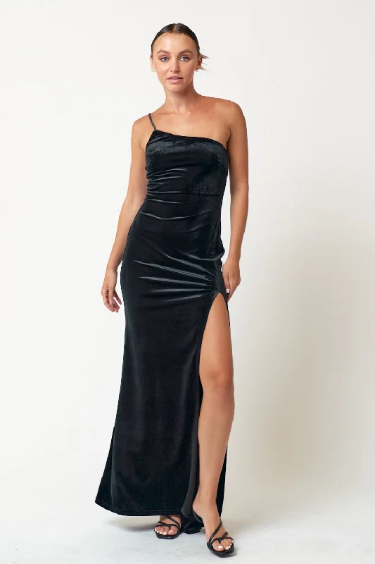 Women's U-Shaped Collar DressesLong One Shoulder Velvet Dress