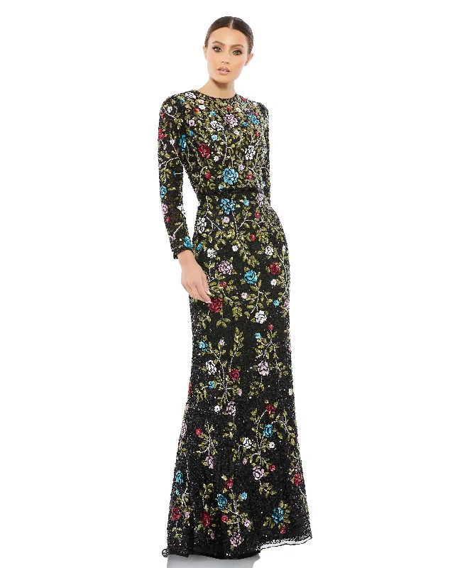 Women's U-Shaped Collar DressesMac Duggal 5556 Long Sleeve Floral Sequin Formal Dress Women's U-Shaped Collar DressesMac Duggal 5556 Long Sleeve Floral Sequin Formal Dress