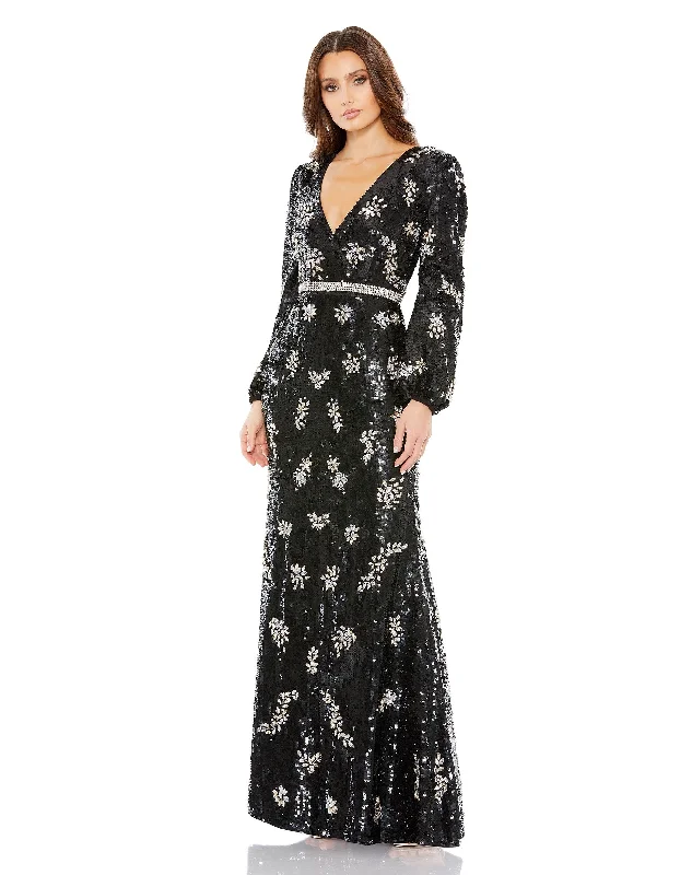 Women's Boat-Back DressesMac Duggal 93616 Long Sleeve Formal Sequins Gown