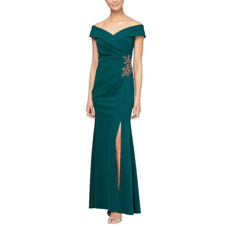 Women's Short-Sleeve DressesAlex Evenings 8160198 Long Off Shoulder Formal Beaded Dress