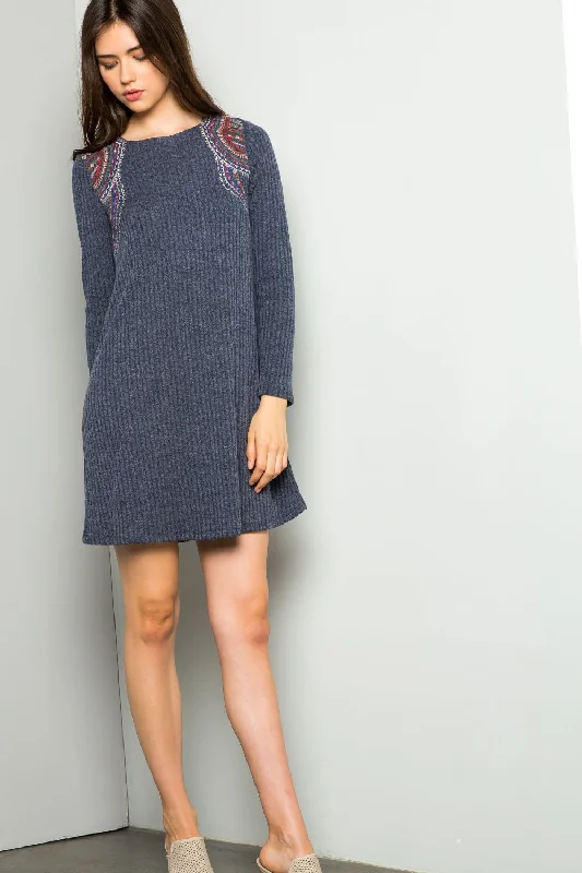 Women's Long-Sleeve DressesShort Long Sleeve Embroidered Rib Dress