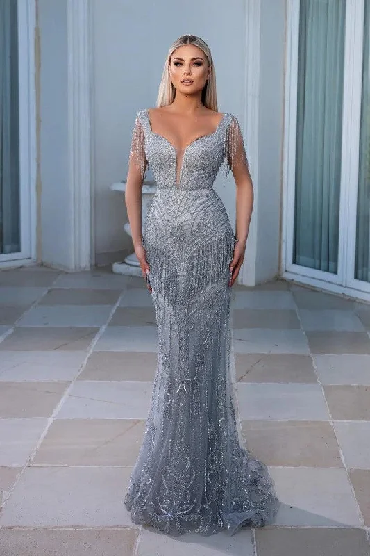 Women's Pencil DressesPortia and Scarlett PS23985 Long Cap Sleeve Fringe Prom Gown Women's Pencil DressesPortia and Scarlett PS23985 Long Cap Sleeve Fringe Prom Gown