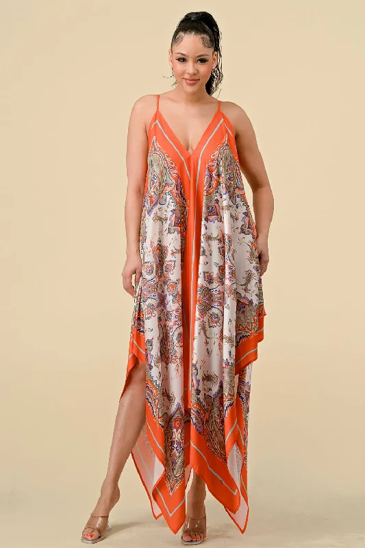 Women's Narrow Collar DressesSpaghetti Strap Scarf Boarder Print Dress