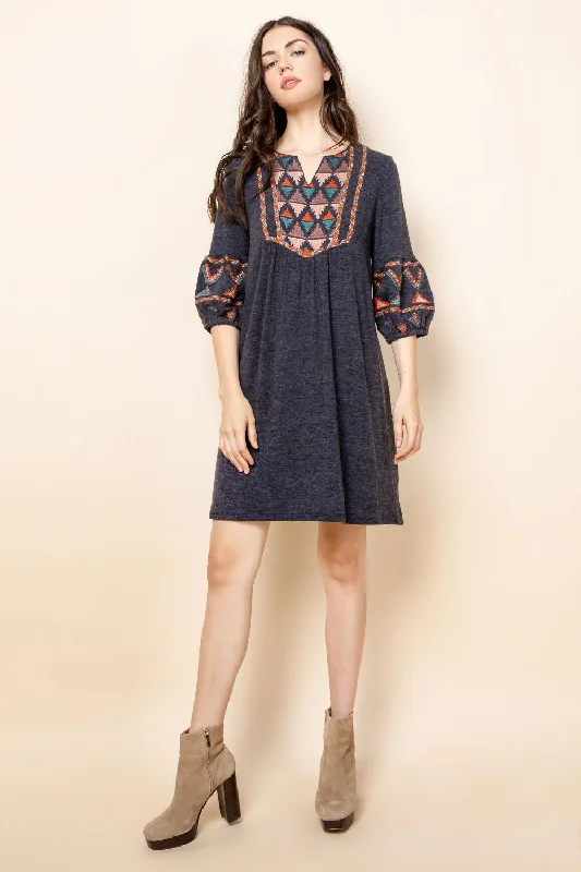 Women's Notched Collar DressesShort Mid Sleeve Embroidered Dress