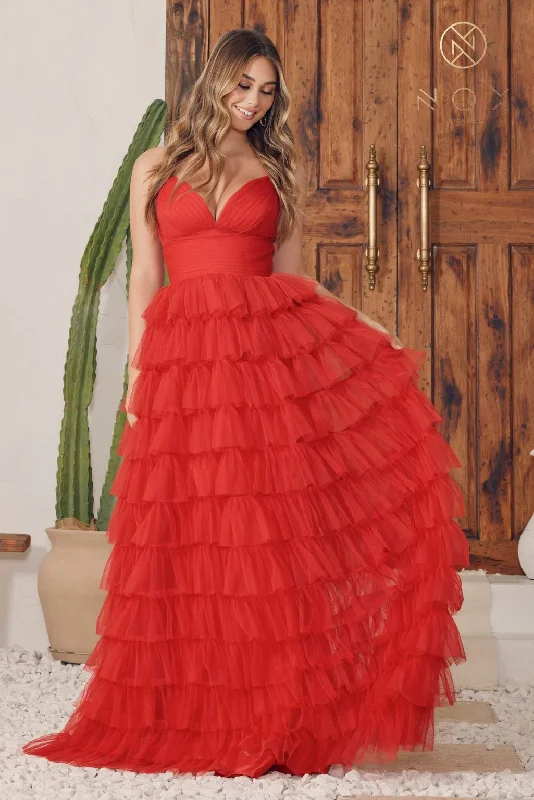 Women's Off-Shoulder DressesNox Anabel R1240 Long Spaghetti Strap Ruffled Tulle Prom Dress