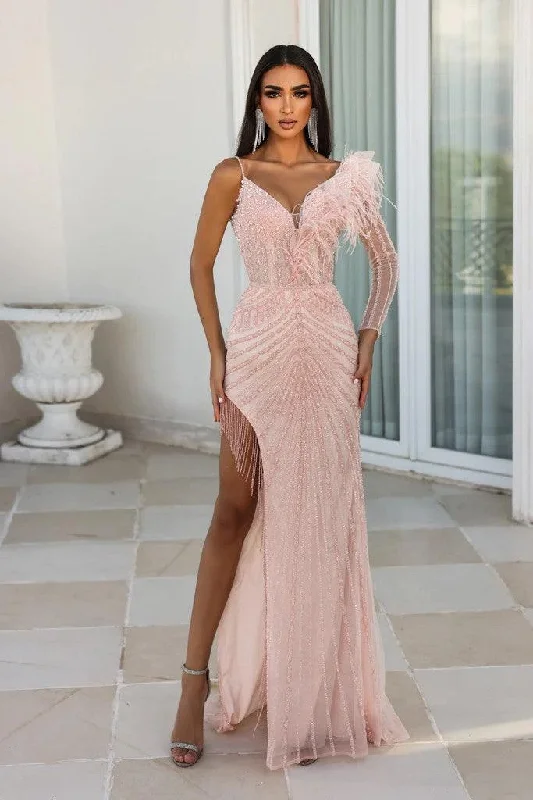 Women's Cold-Shoulder DressesPortia and Scarlett PS23989 Long Beaded Feathers Prom Gown Women's Cold-Shoulder DressesPortia and Scarlett PS23989 Long Beaded Feathers Prom Gown