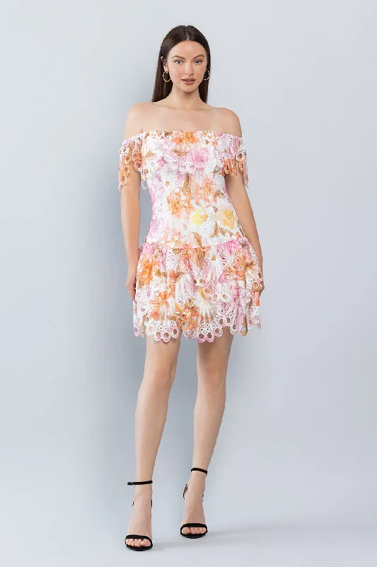 Women's High Collar DressesShort Off Shoulder Printed Lace Dress