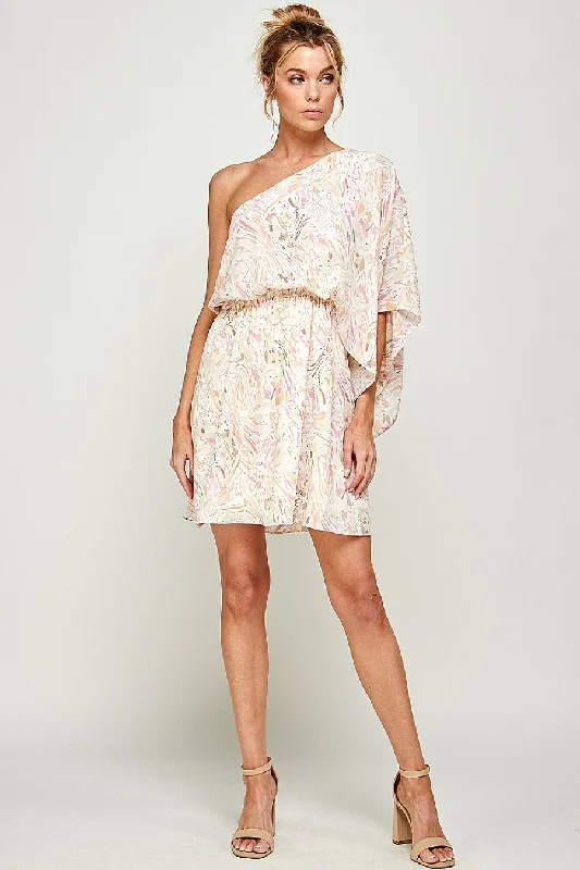 Women's Boat Collar DressesShort Printed One Shoulder Dress