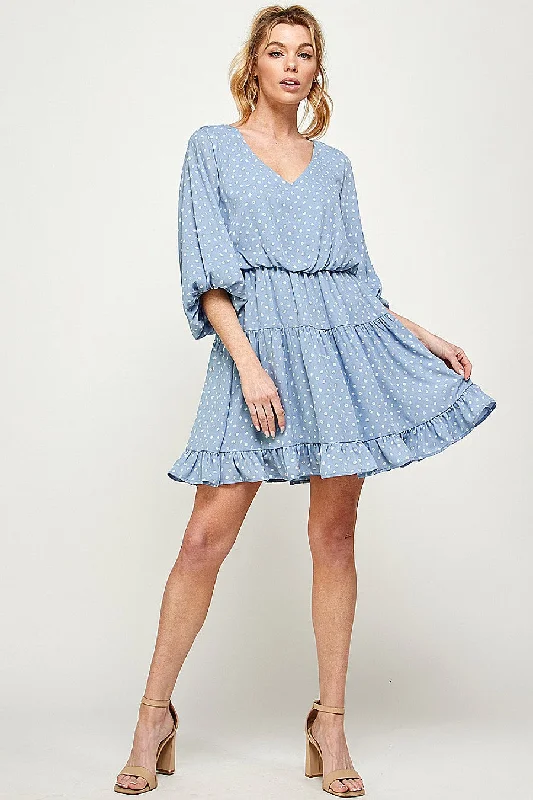 Women's Sweetheart-Neck DressesShort Printed 3/4 Sleeve Ruffled Dress