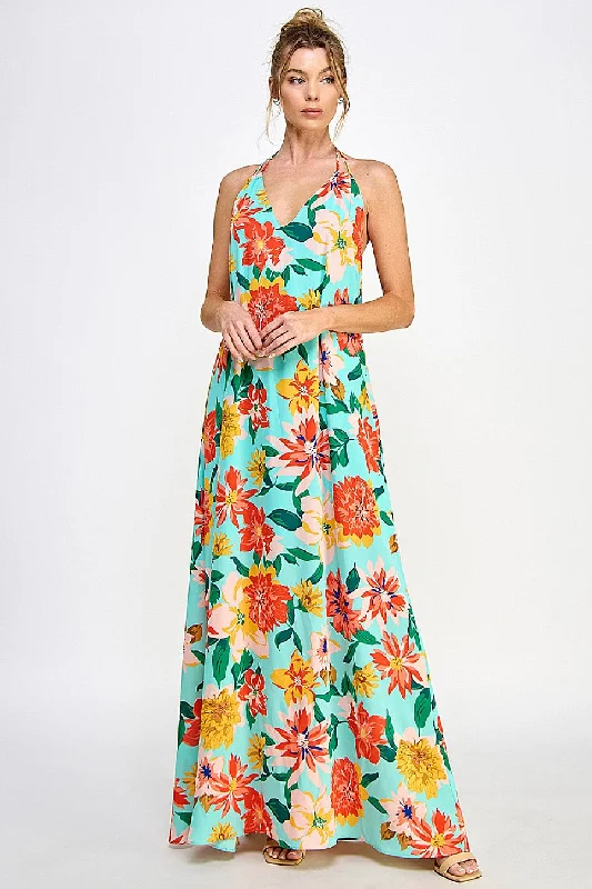 Women's Empire Waist DressesLong Halter Neck Open Back Floral Dress