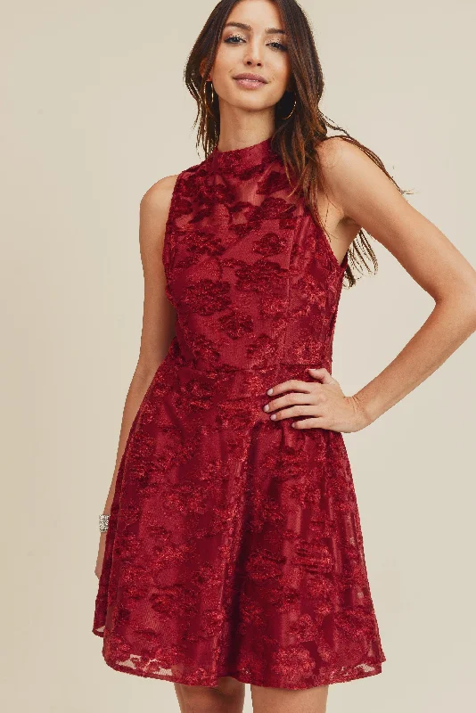 Women's Low Collar DressesShort Mock Neck Burn Out Velvet Dress
