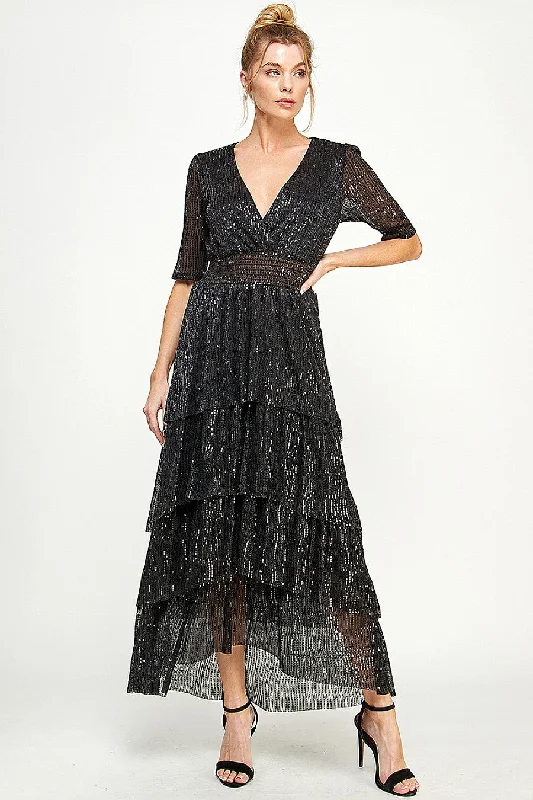 Women's Turtleneck DressesHigh Low V Neck Tiered Dress