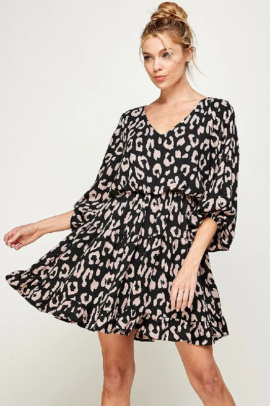 Women's Keyhole Collar DressesShort 3/4 Sleeve V Neck Printed Dress