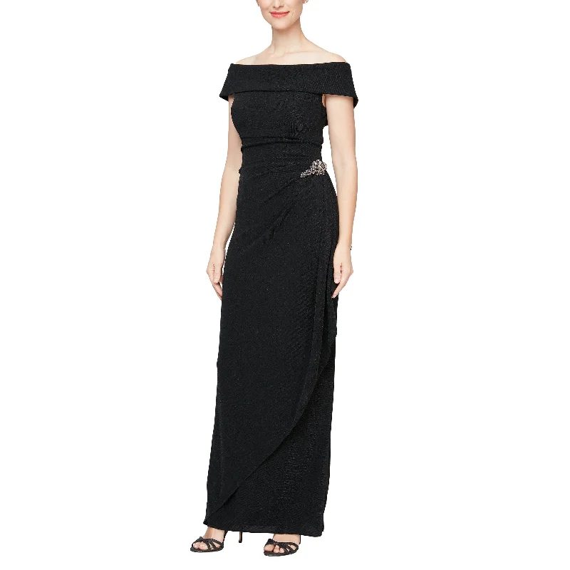 Women's Square-Back DressesAlex Evenings 8127764 Long Off Shoulder Foldover Metallic Dress Women's Square-Back DressesAlex Evenings 8127764 Long Off Shoulder Foldover Metallic Dress