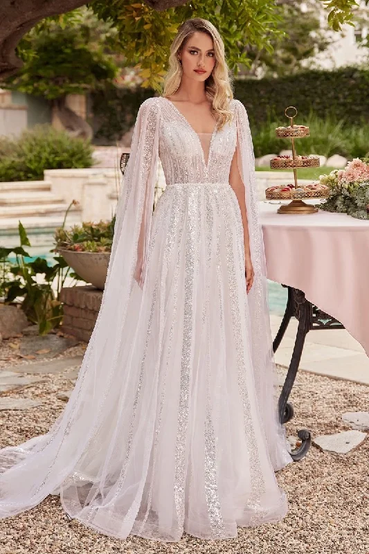 Women's Sweetheart Collar DressesCinderella Divine CD852W Long  Cape Sleeve Sequin Wedding Dress