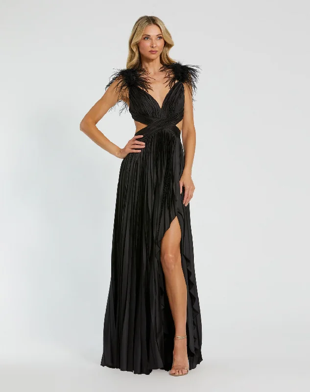 Women's Tiered DressesMac Duggal 116871 Long Pleated Formal Feather Prom Dress