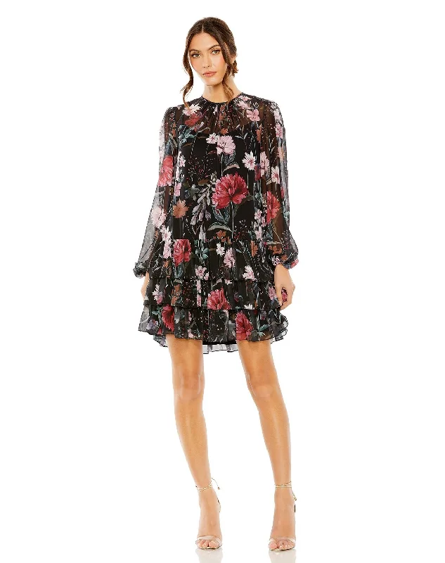 Women's V-Back DressesMac Duggal 55075 Short Floral Print Long Sleeve Cocktail Dress Women's V-Back DressesMac Duggal 55075 Short Floral Print Long Sleeve Cocktail Dress