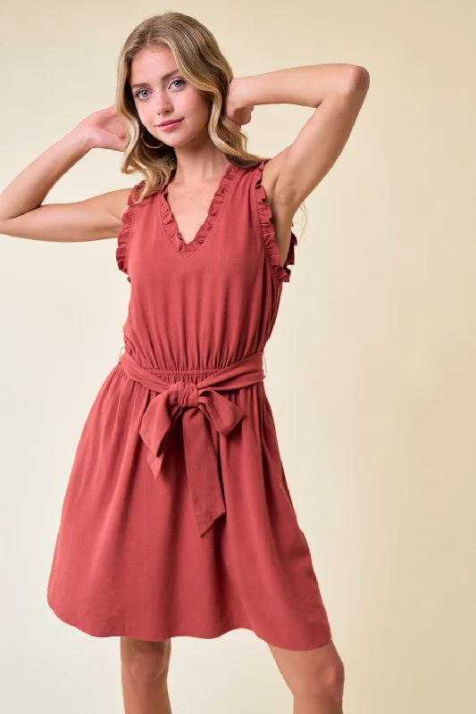 Women's Mandarin Collar DressesShort Sleeveless V Neck Tie Front Dress