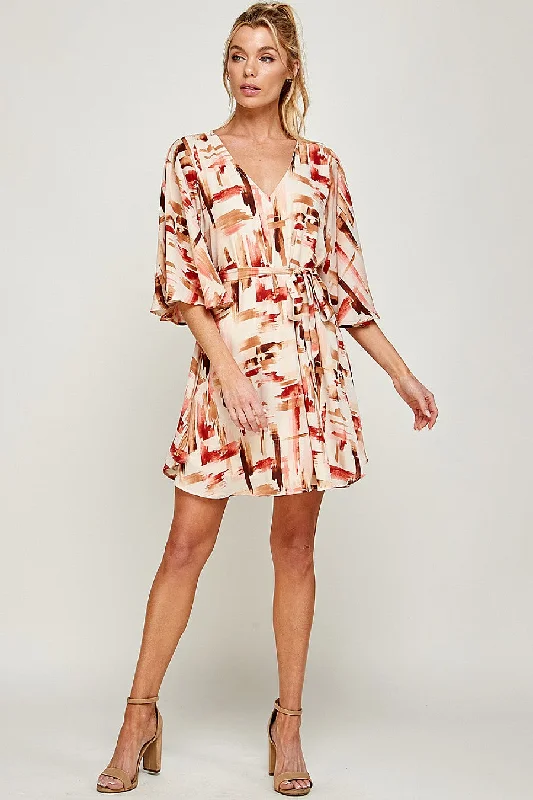 Women's High Collar DressesShort V Neck Brushed Print Belt Dress