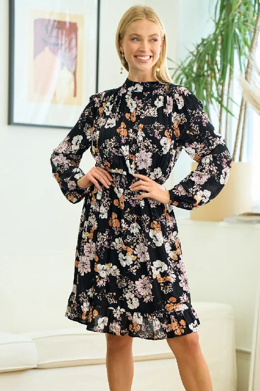Women's Mandarin-Neck DressesLong Sleeve Floral Short Dress