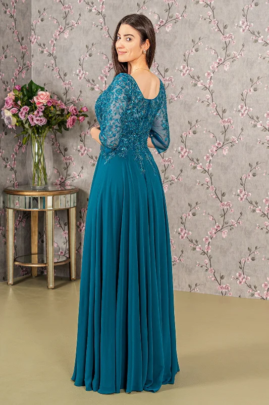 Women's Rounded Collar DressesBeaded Long Formal Mother of the Bride Dress
