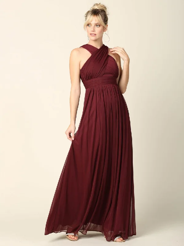Women's Boat-Back DressesLong Criss Cross Halter Bridesmaids Dress Sale