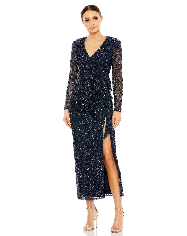 Women's Keyhole-Back DressesMac Duggal 10558 Long Sleeve Sequin Formal Tea Length Dress