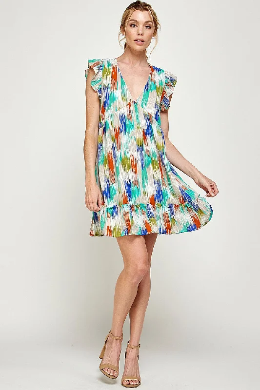Women's Lapel Collar DressesShort Sleeveless Brushed Print Ruffled Dress